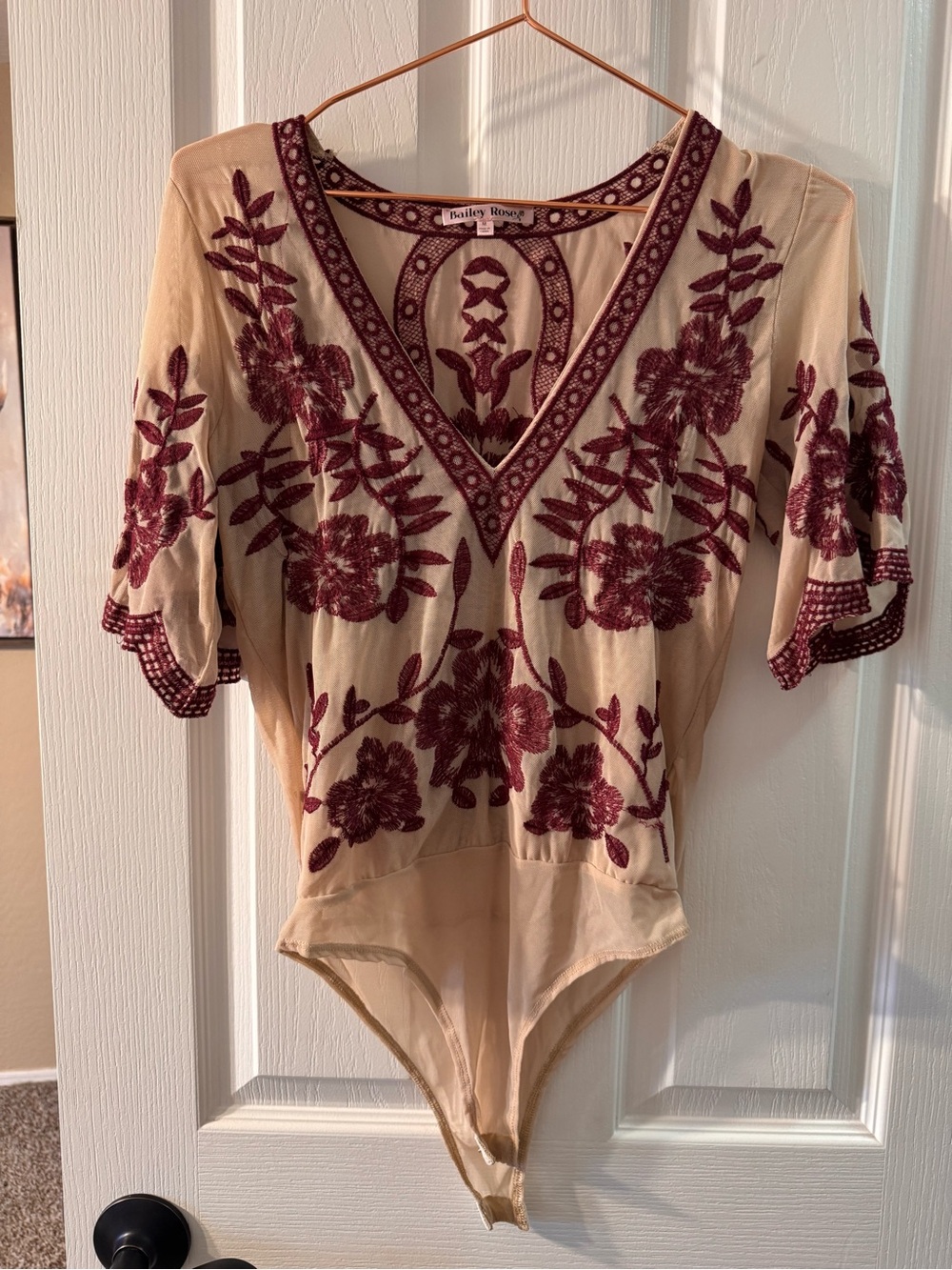 Bailey Rose Cream Bodysuit with Burgundy Floral Embroidery